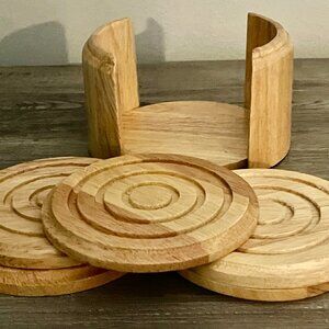 Kamenstein Wooden Coaster Set with Holder – 6 Round Coasters, Natural Wood Finis